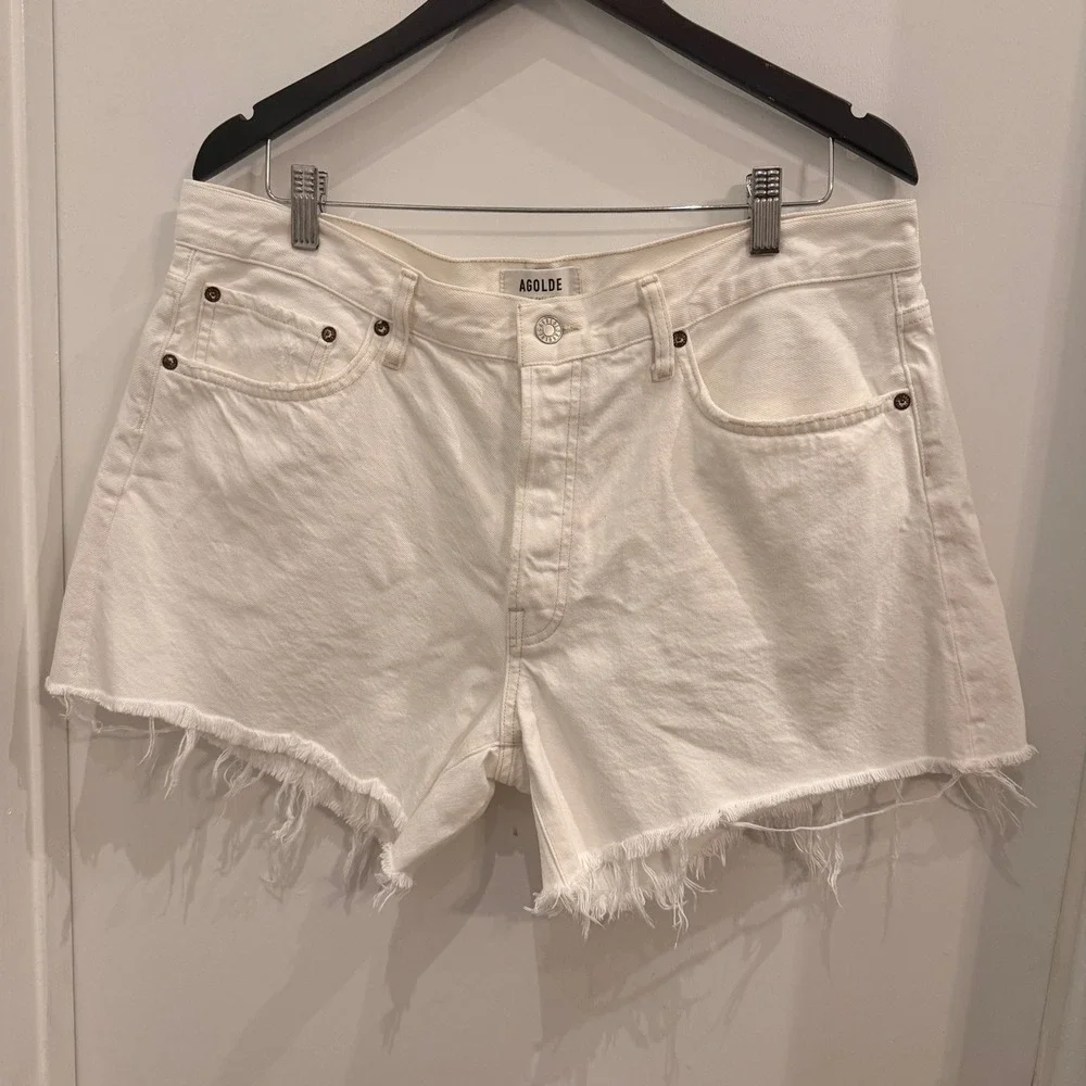 AGOLDE Parker Long Denim Shorts 32 White Frayed Hem Summer Minimalist